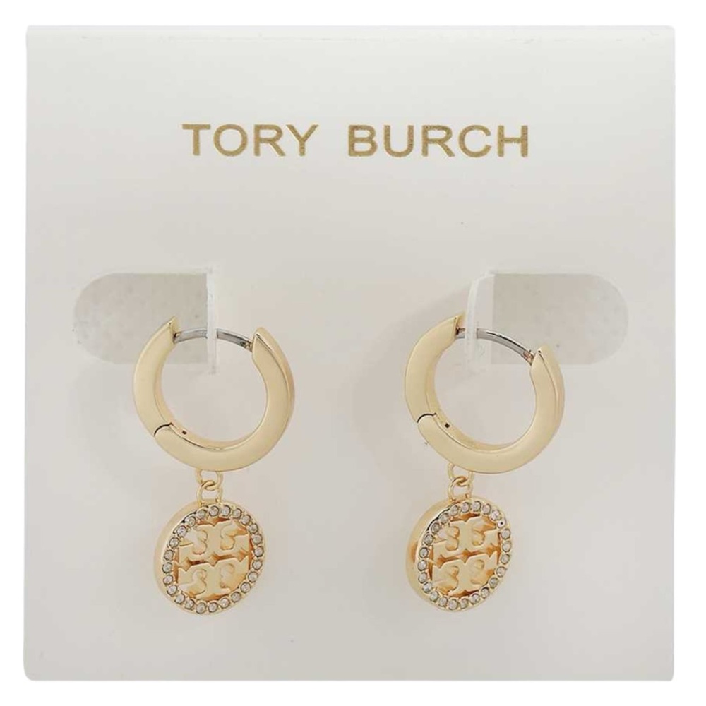 TORY BURCH MILLER GOLDTONE & PAVE CRYSTAL DROP HUGGIE HOOP EARRINGS
